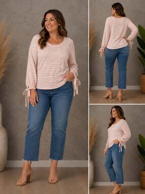a.n.a Women's Pink and Gray Striped Long Sleeve Soft Top with Tie Cuffs Size XL